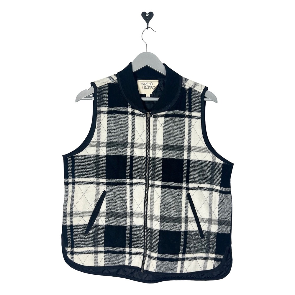 Thread & Supply Black White Plaid Quilted Vest Reversible Full Zip size Large